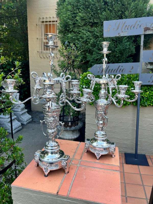 A Late 19th Century Pair Of French Rococo Style Silver Plate Candelabrum