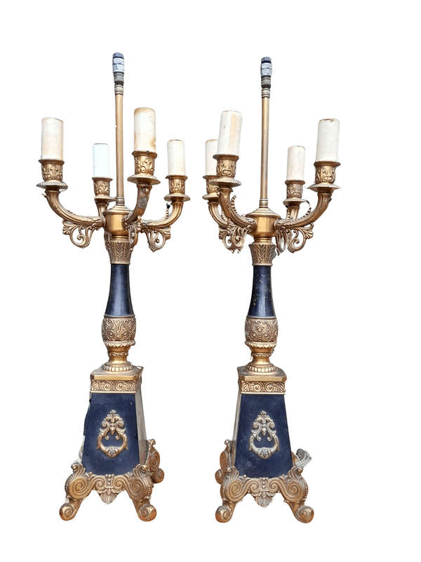 A Mid 20th Century Pair Of French Empire Style Black Metal And Brass Gilt Painted Candelabra Lamps