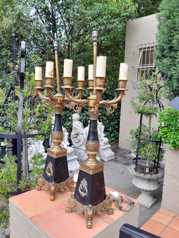 A Mid 20th Century Pair Of French Empire Style Black Metal And Brass Gilt Painted Candelabra Lamps