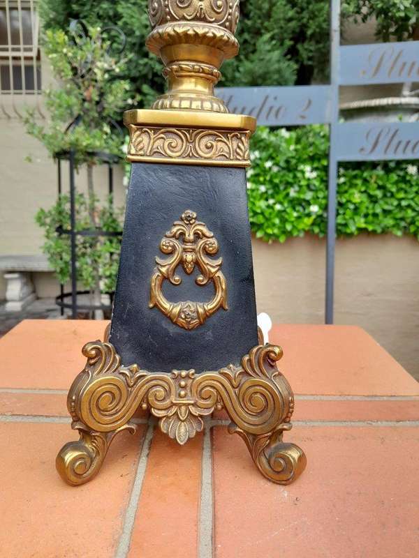 A Mid 20th Century Pair Of French Empire Style Black Metal And Brass Gilt Painted Candelabra Lamps