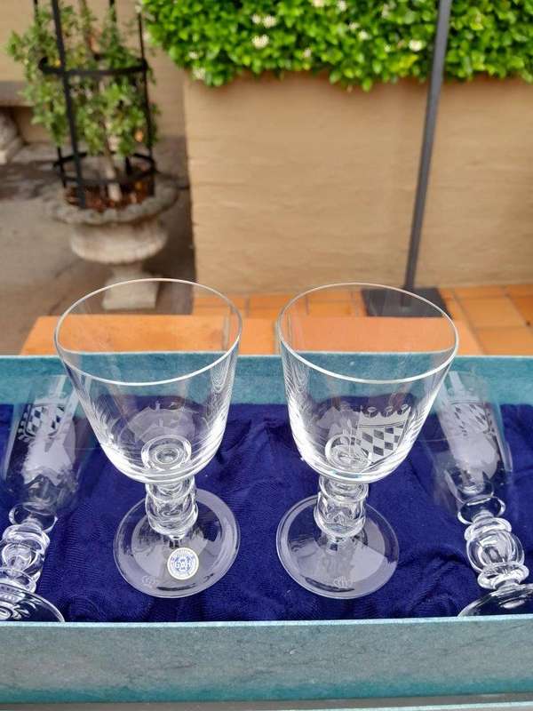 A Boxed Set Of Six Gutezeichen Engraved Crystal Glasses