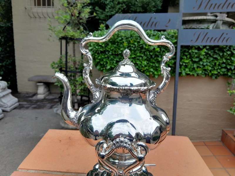 A 20TH Century Silver Plate Kettle on Stand with Burner