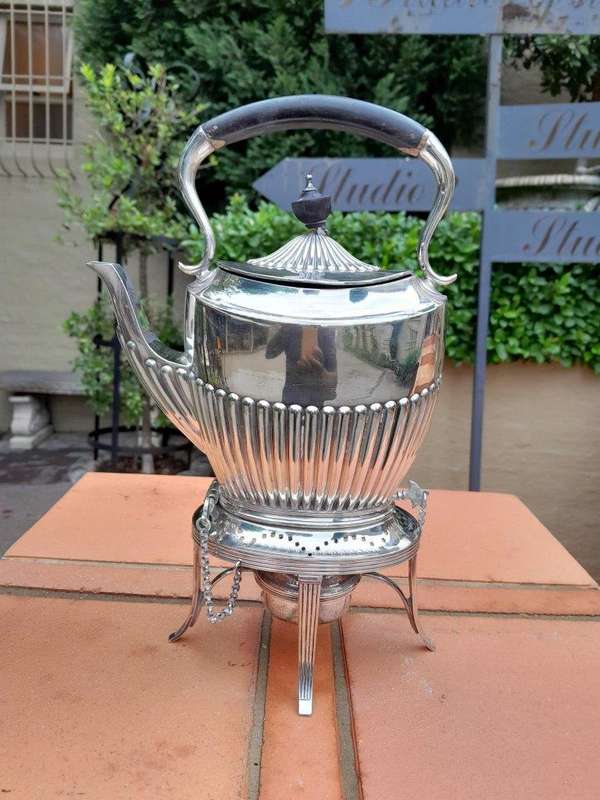A 20TH Century Silver Plate Kettle on Stand with Burner