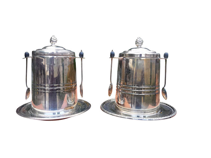 A Rare Pair of Silver Plate Tea Caddies (Regular and Decaf Tea)  each with Two Teaspoons with Re...