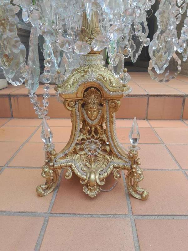 An Heavily Carved And  Ornate Brass & Crystal Electrified Table Lamp