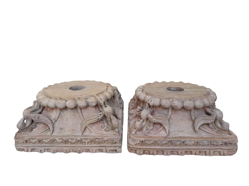 An Antique 19th Century Pair Of Carved Wooden Teak Capitals
