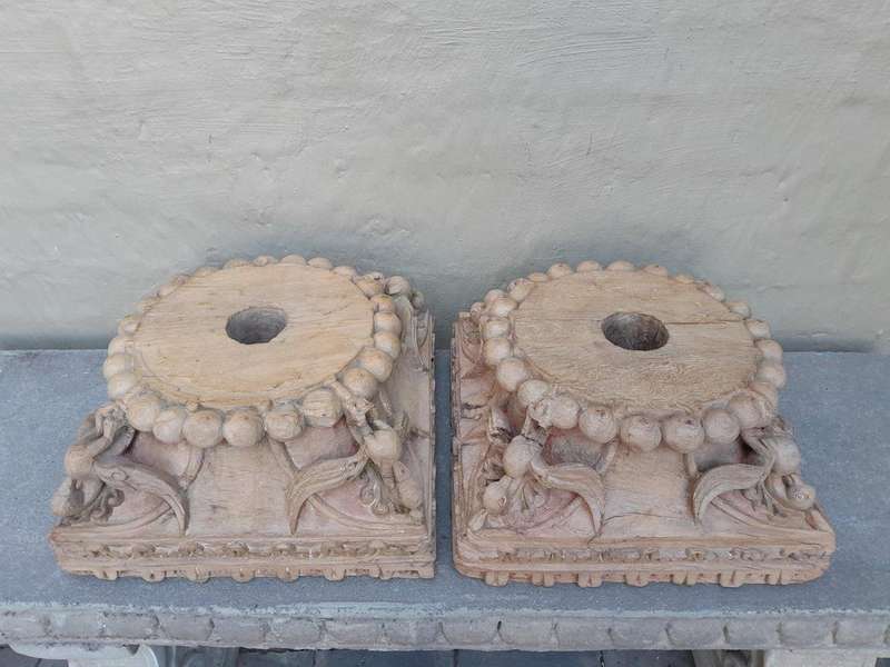 An Antique 19th Century Pair Of Carved Wooden Teak Capitals