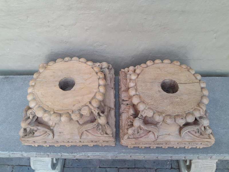 An Antique 19th Century Pair Of Carved Wooden Teak Capitals