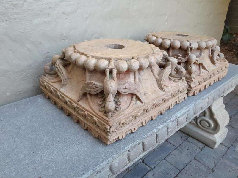 An Antique 19th Century Pair Of Carved Wooden Teak Capitals