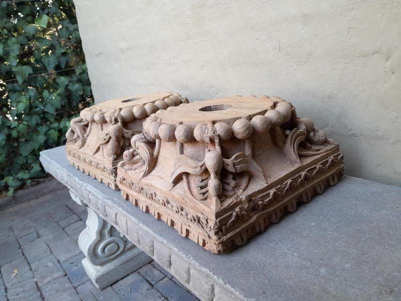 An Antique 19th Century Pair Of Carved Wooden Teak Capitals