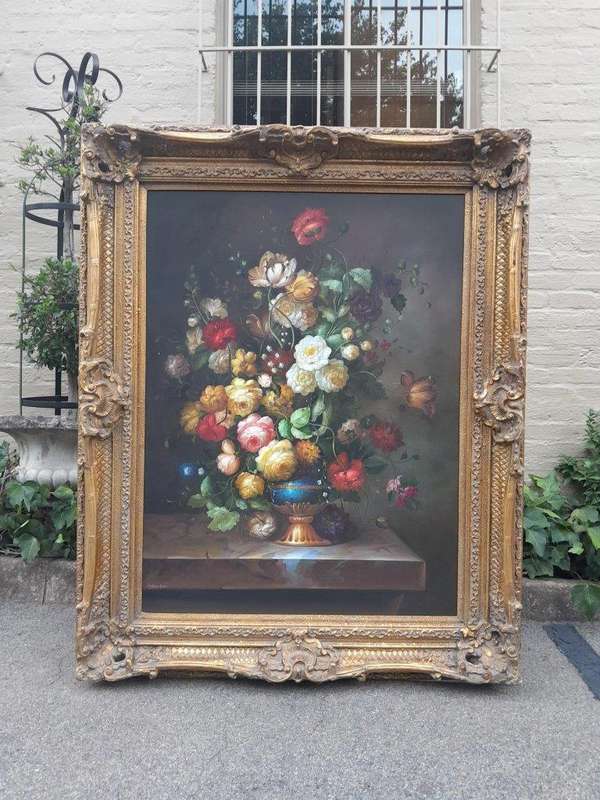 A Large Sized 20th Century Oil on Canvas of Floral Bouqet in an Ornately Gilded Frame Signed by H...