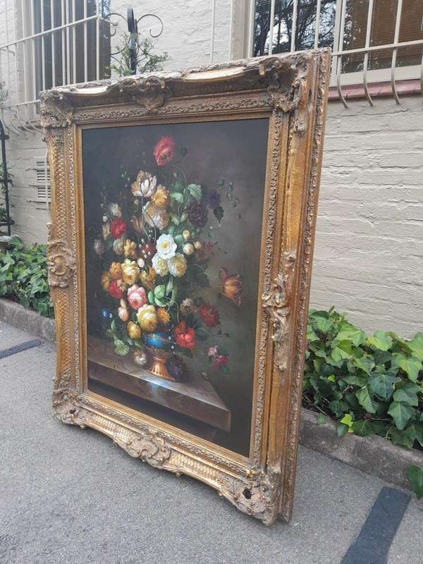 A Large Sized 20th Century Oil on Canvas of Floral Bouqet in an Ornately Gilded Frame Signed by H...