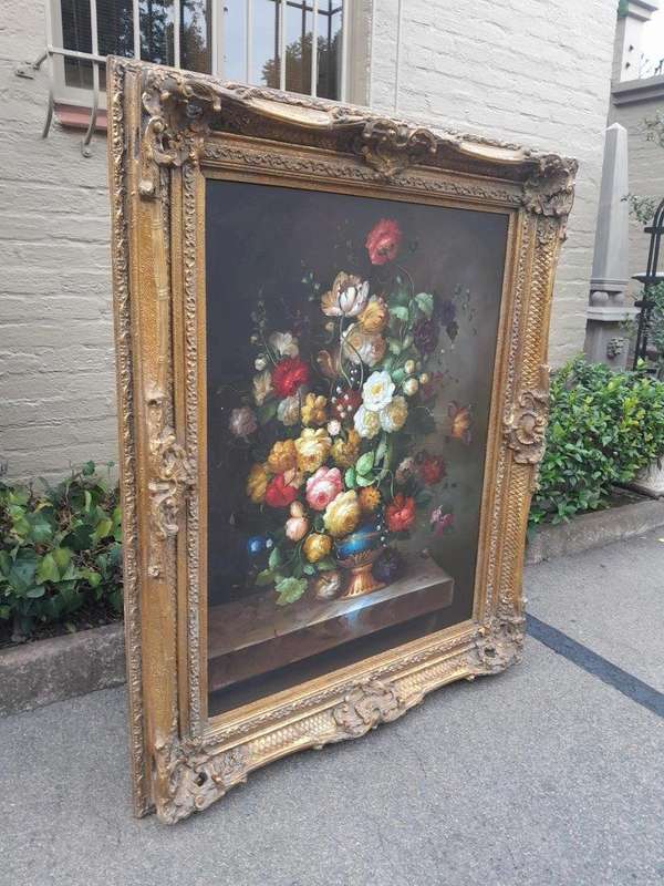 A Large Sized 20th Century Oil on Canvas of Floral Bouqet in an Ornately Gilded Frame Signed by H...