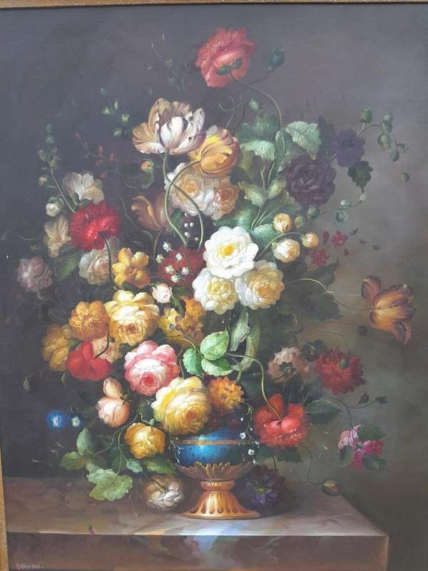 A Large Sized 20th Century Oil on Canvas of Floral Bouqet in an Ornately Gilded Frame Signed by H...