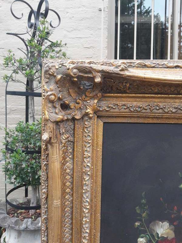 A Large Sized 20th Century Oil on Canvas of Floral Bouqet in an Ornately Gilded Frame Signed by H...