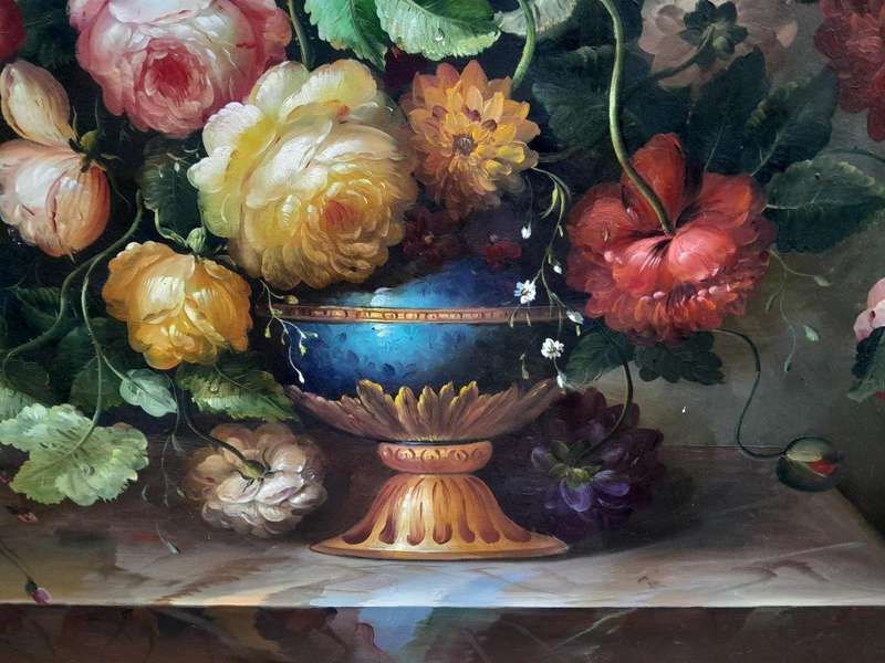 A Large Sized 20th Century Oil on Canvas of Floral Bouqet in an Ornately Gilded Frame Signed by H...