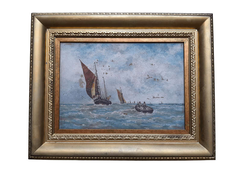 A 20th Century Painting of Ships Oil on Canvas In a Ornately Framed Gilded Frame by Continental S...