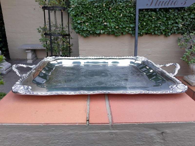 A 20th Century Silver Plate Tray with Gadrooned Handles and Border