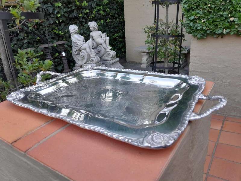 A 20th Century Silver Plate Tray with Gadrooned Handles and Border