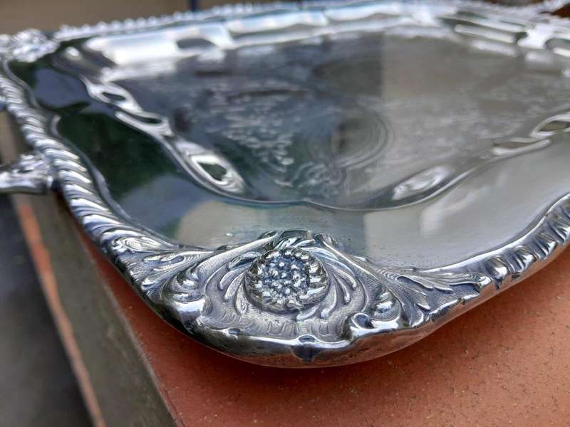 A 20th Century Silver Plate Tray with Gadrooned Handles and Border
