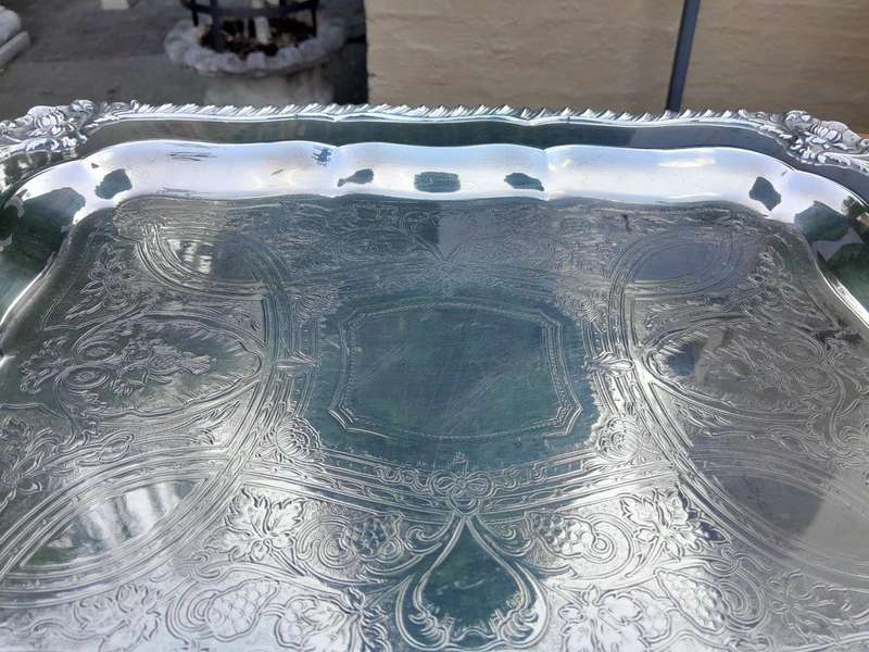 A 20th Century Silver Plate Tray with Gadrooned Handles and Border