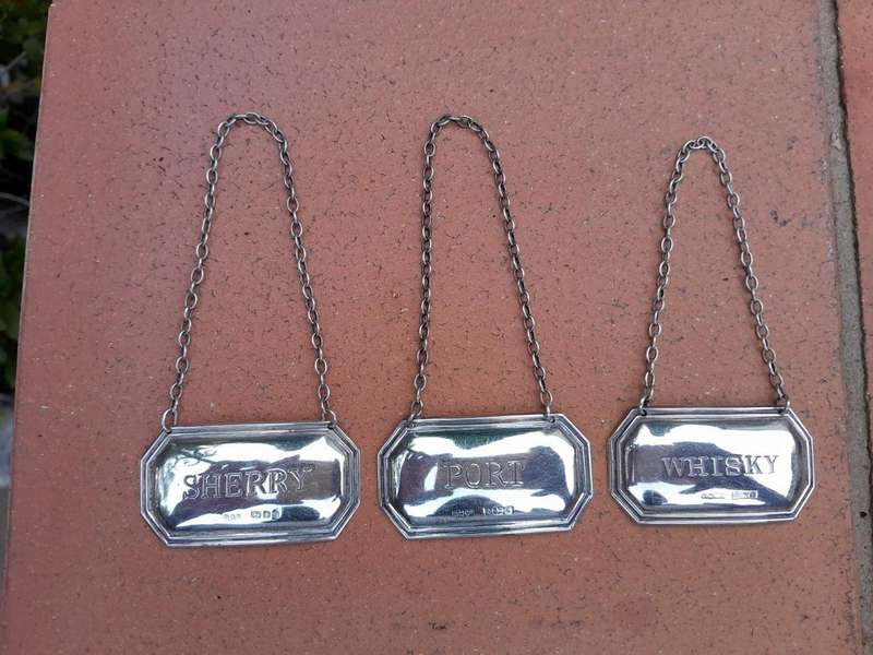 20th Century English Silver Set of Three Decanter Labels Sherry, Whiskey and Port (29.1 grams)