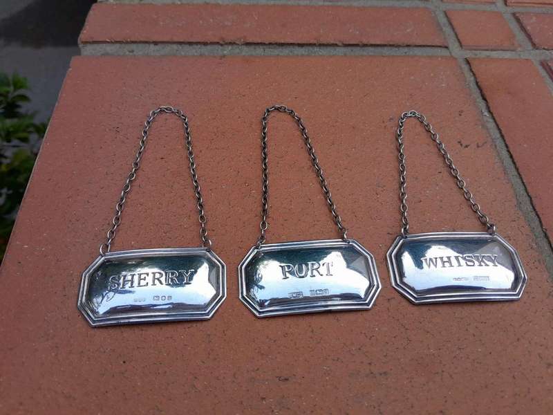 20th Century English Silver Set of Three Decanter Labels Sherry, Whiskey and Port (29.1 grams)