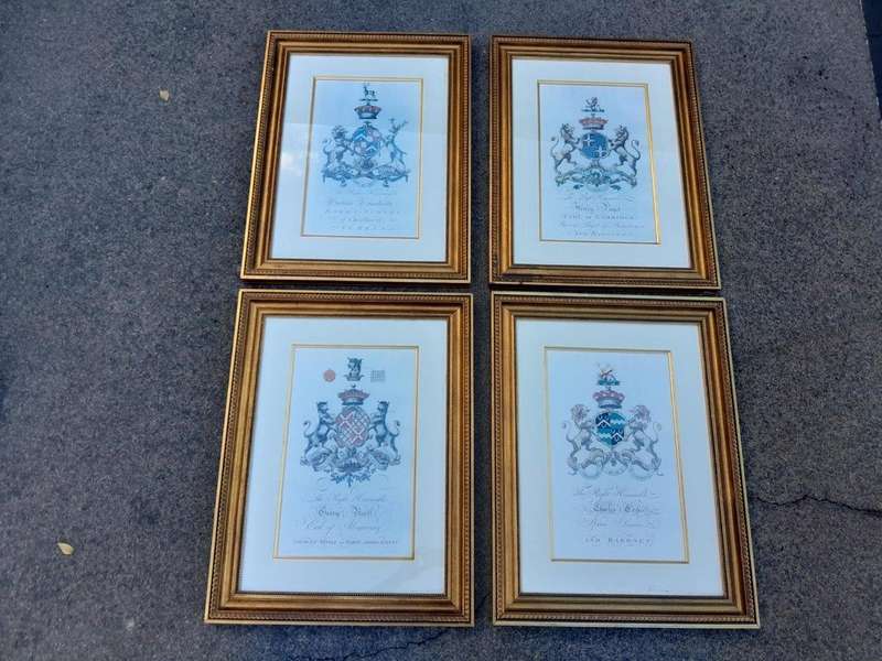 A Set of 4 Heraldry of Earl of Castlehaven & Baronet Maynard of Wicklow Prints in Gilt Frames