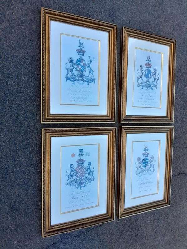A Set of 4 Heraldry of Earl of Castlehaven & Baronet Maynard of Wicklow Prints in Gilt Frames