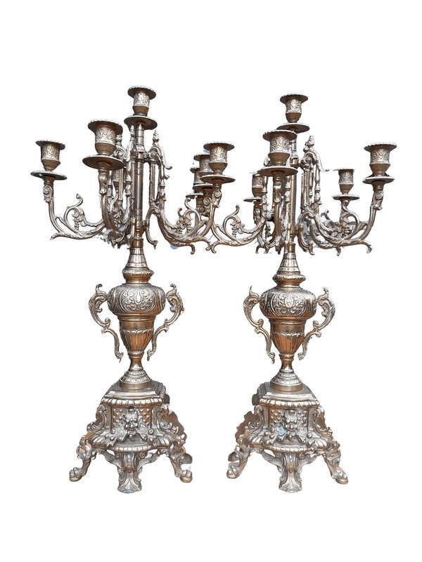 A 20TH Century Pair of Ornate French Style  Brass Candelabras