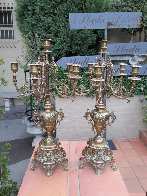 A 20TH Century Pair of Ornate French Style  Brass Candelabras