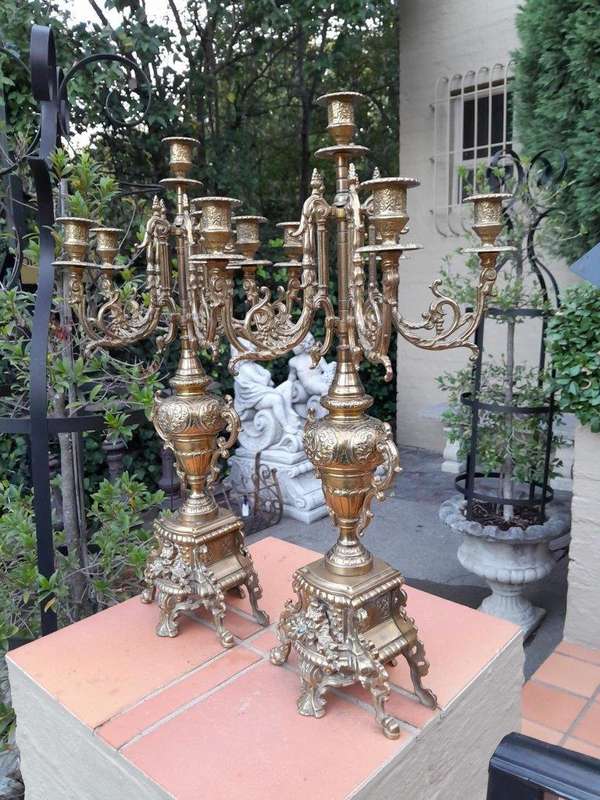 A 20TH Century Pair of Ornate French Style  Brass Candelabras