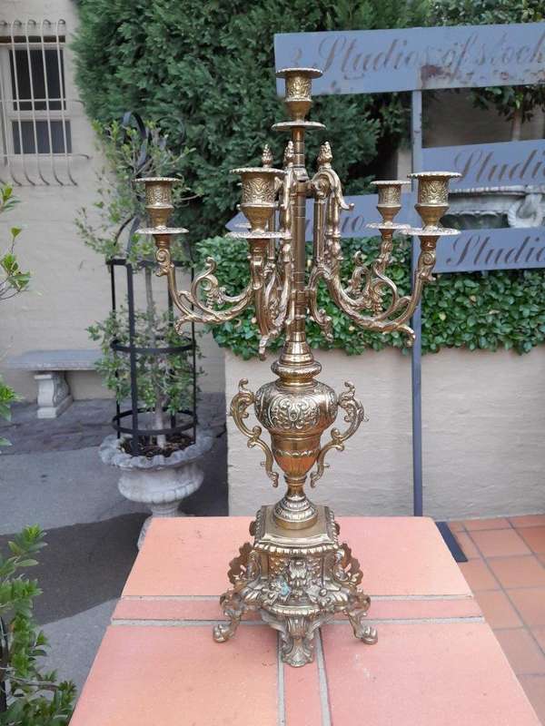 A 20TH Century Pair of Ornate French Style  Brass Candelabras