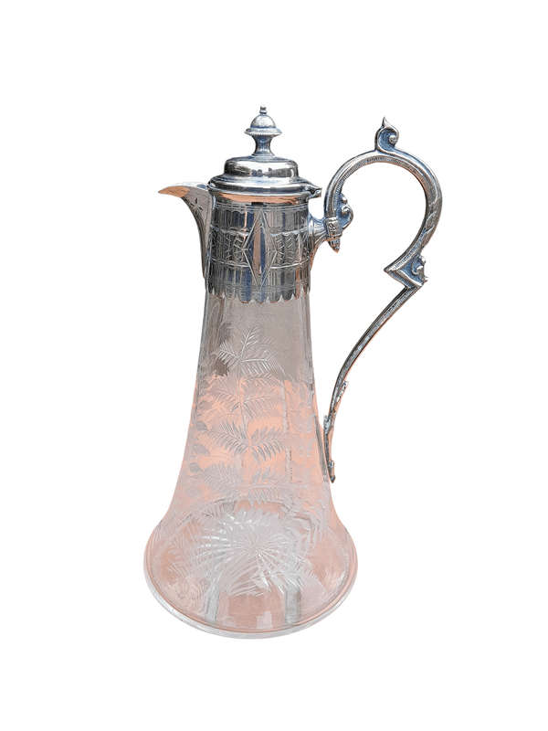 An Antique Victorian Hand-Cut Crystal Claret Jug with Silver plate mount