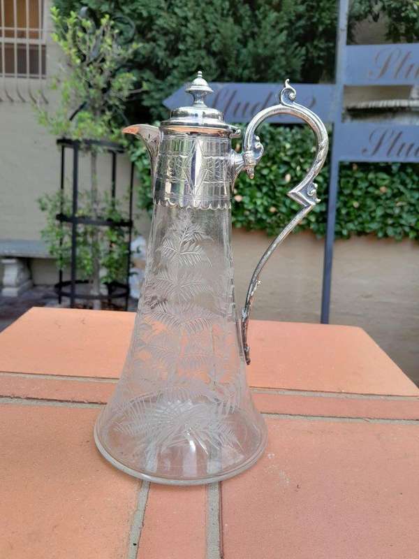 An Antique Victorian Hand-Cut Crystal Claret Jug with Silver plate mount