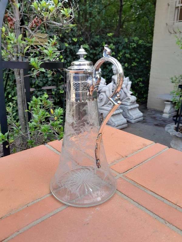 An Antique Victorian Hand-Cut Crystal Claret Jug with Silver plate mount