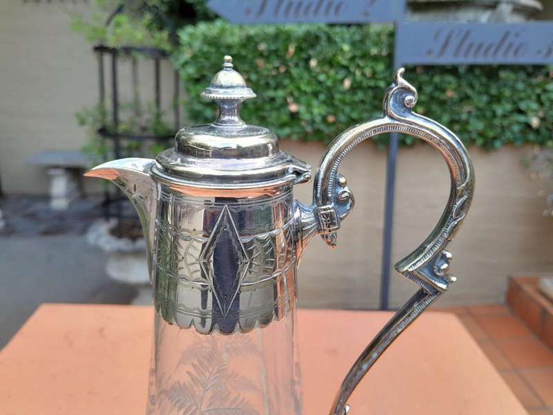 An Antique Victorian Hand-Cut Crystal Claret Jug with Silver plate mount