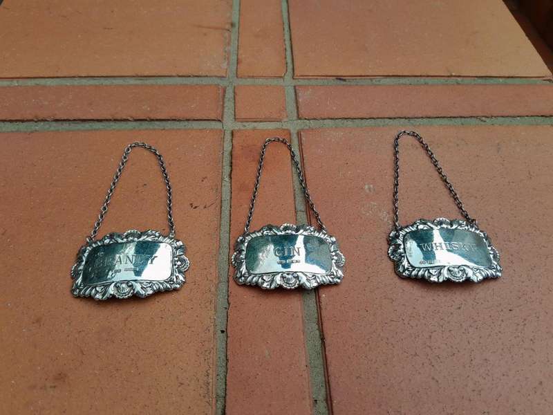 A 20th Century Antique Set of Three Birmingham Silver Decanter Labels - Gin, Whisky and Brandy ( ...