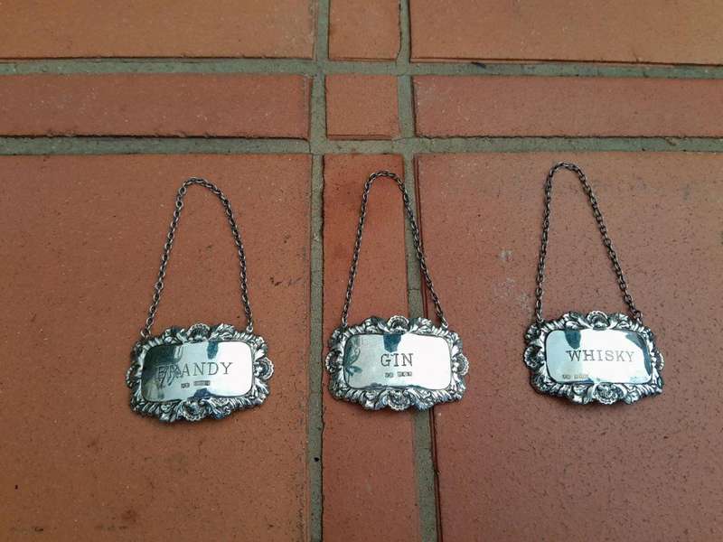 A 20th Century Antique Set of Three Birmingham Silver Decanter Labels - Gin, Whisky and Brandy ( ...