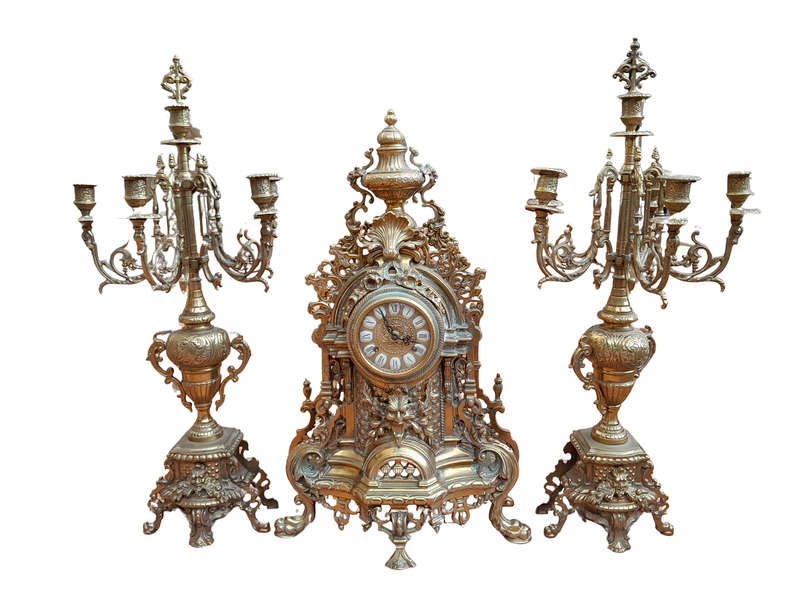 A 20th Century Garniture Set with Clock and Pair of Candelabras With Key