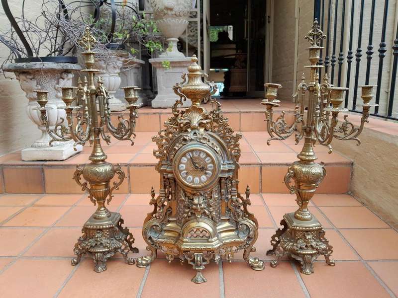 A 20th Century Garniture Set with Clock and Pair of Candelabras With Key
