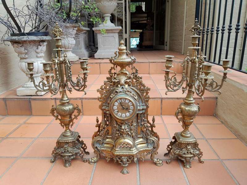 A 20th Century Garniture Set with Clock and Pair of Candelabras With Key