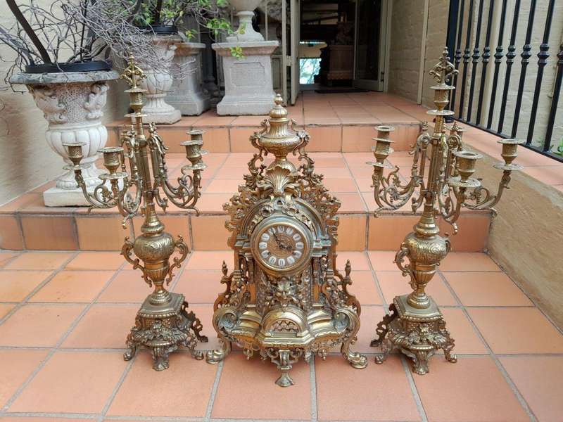 A 20th Century Garniture Set with Clock and Pair of Candelabras With Key