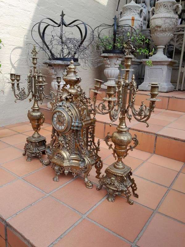 A 20th Century Garniture Set with Clock and Pair of Candelabras With Key
