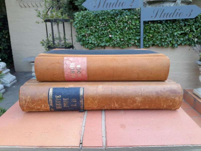 An Antique Set of Two Large Decorative Leger and Minute Books with Leather.