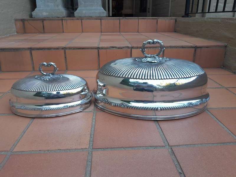 An Antique Near Pair of Two Sheffield EPNS Food Domes 