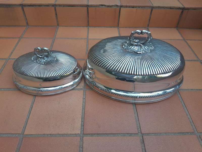 An Antique Near Pair of Two Sheffield EPNS Food Domes 