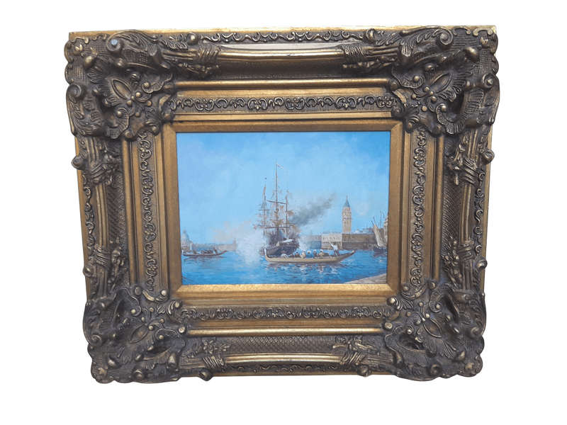 A 20th Century Continental School Oil on Canvas Ship Painting in a Ornately Carved and Gilded Frame