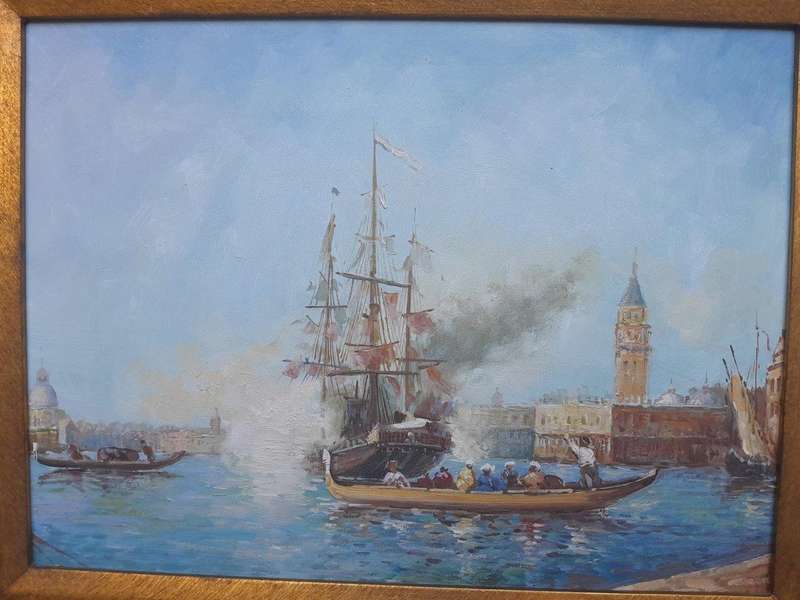 A 20th Century Continental School Oil on Canvas Ship Painting in a Ornately Carved and Gilded Frame