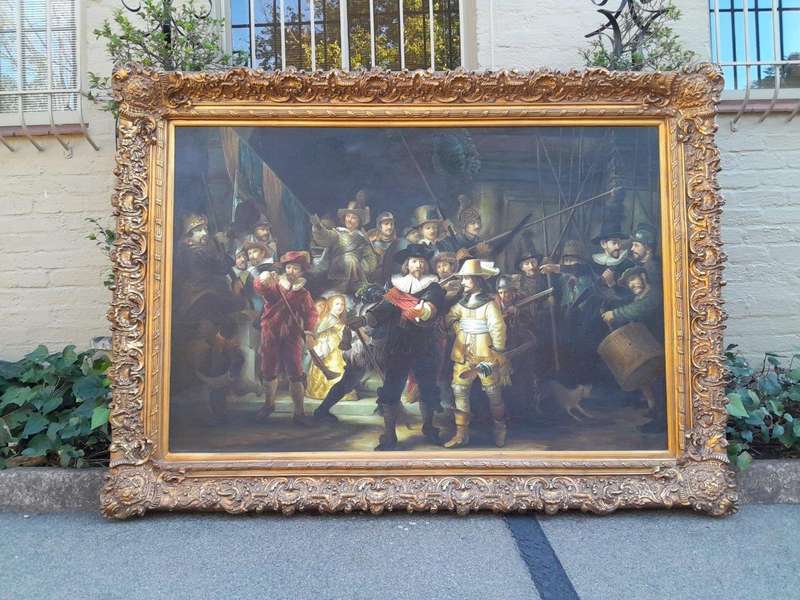 A Massive Painting Of The Night Watch, After Rembrandt Oil On Canvas (By Scott) In An Ornately Ca...